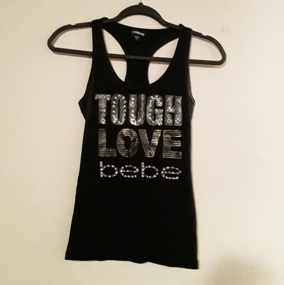 Bebe Womens Large Black Sporty Tank Top "Tough Love Bebe" in Silver Shiny Print - Picture 2 of 8